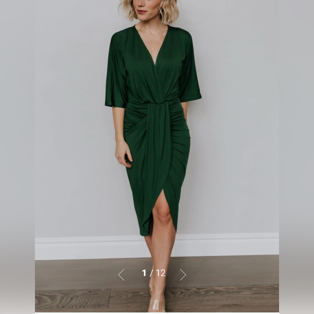 Baltic Born Mimi Midi Dress Hunter Green Ruched Draped V-Neck Size L